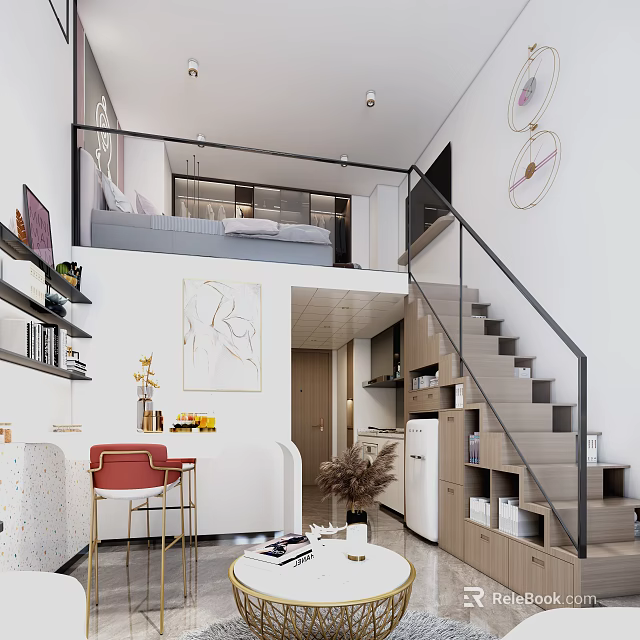 Modern Duplex Living Room Interior With Staircase And Upper Floor Decorative Artwork 3d model 