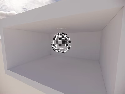 Minimalist White Room Featuring Black And White Checkered Spherical Chandelier 3d model