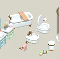 Modern Bathroom Washbasin With Bathtub Toilet Mirror Towels And Storage Shelf