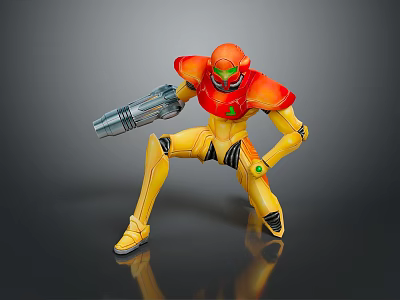 Detailed Game Movie Character With Orange Yellow Armor Holding Gun In Action Pose 3d model