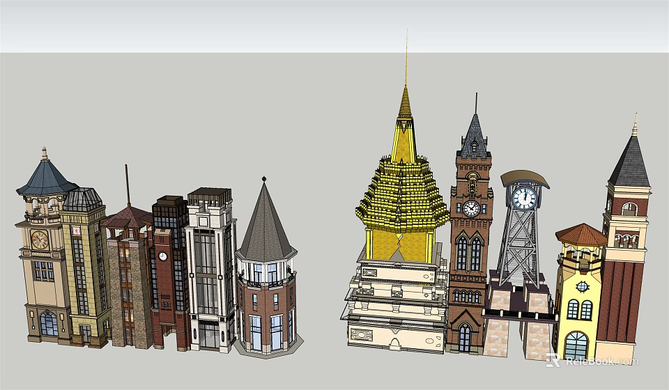 Collection of Architectural Tower Models Featuring Golden Spire Clock Tower and Classic Designs 3d model 
