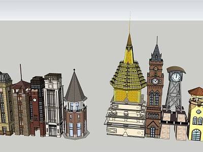 Collection of Architectural Tower Models Featuring Golden Spire Clock Tower and Classic Designs 3d model