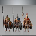 Three Ancient Warriors Standing With Spears Shields And Helmets On Gray Background 3d model