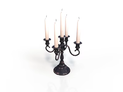 Vintage Black Metal Candelabra Featuring Multiple White Candles And Ornate Arms 3d model