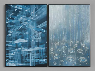 Two Abstract Art Paintings With Blue Tones Geometric Shapes And Lines Design 3d model