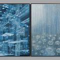 Two Abstract Art Paintings With Blue Tones Geometric Shapes And Lines Design