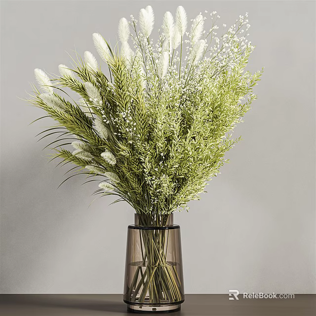 Dark Glass Vase With Green White Decorative Flowers And Herbs On Gray Background 3d model 