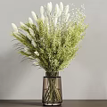 Dark Glass Vase With Green White Decorative Flowers And Herbs On Gray Background