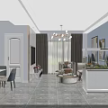 Modern Living and Dining Room Interior With Chandelier Sofa Dining Table Curtains And Decorative Paintings