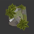Cartoon Scene with Cozy House Green Pine Trees and White Car on Grass