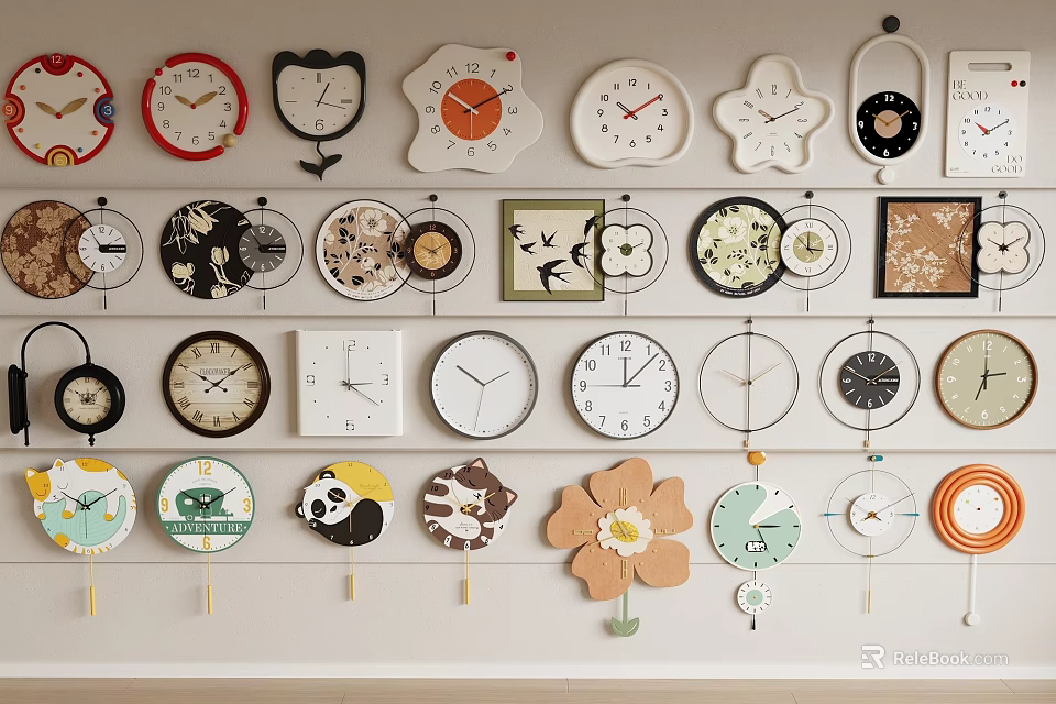 Various Designed Clocks With Different Styles Hanging On Decorative Wall 3d model 