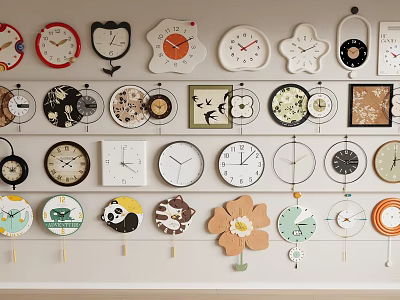 Various Designed Clocks With Different Styles Hanging On Decorative Wall 3d model