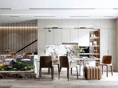 Modern Restaurant Interior With Marble Dining Table Pendant Lights And Green Plant Decor 3d model