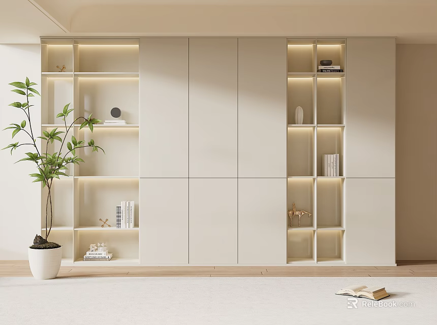 Modern Minimalist Bookcase with Open Shelves LED Lighting Closed Cabinet Doors Potted Plant and Books 3d model 