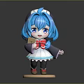 Game and Movie Character Chibi Style With Blue Hair Maid Outfit Holding Envelope Stand Base