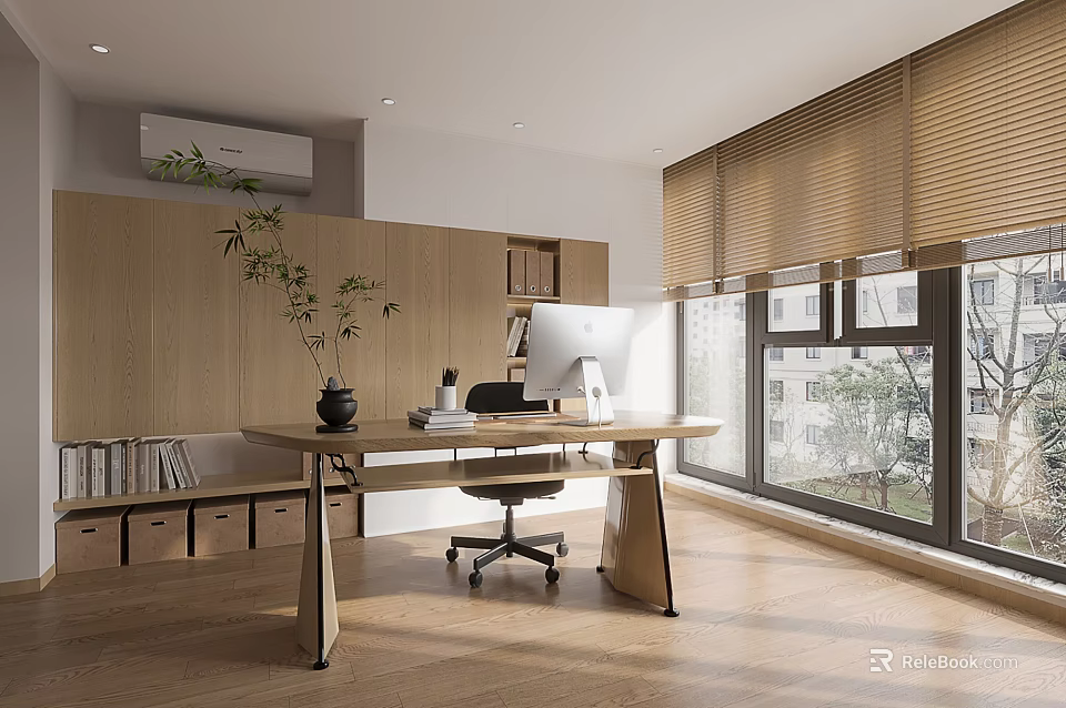 Modern Home Office Interior With Wooden Desk Computer Cabinets Blinds Potted Plant And Natural Light 3d model 