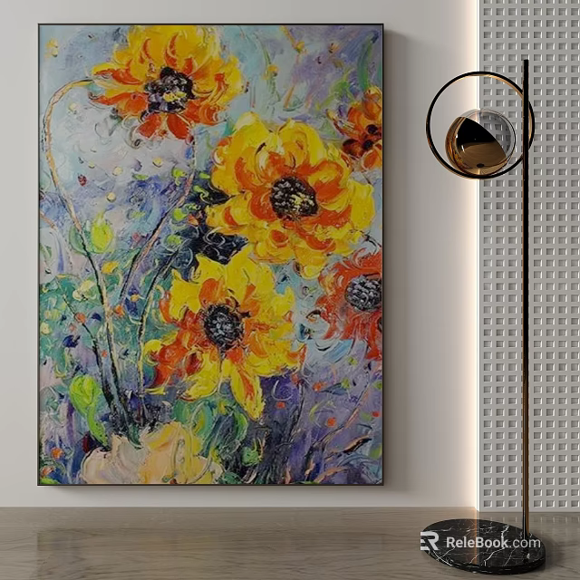 Vibrant Sunflowers Oil Painting With Yellow Orange Purple Colors Hanging On Wall 3d model 