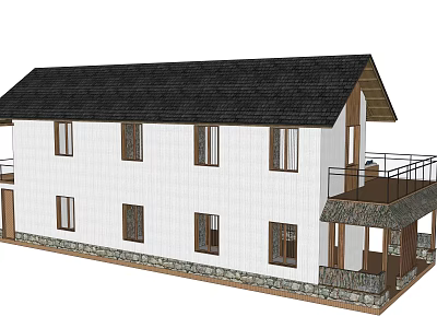 Two Story Rural Self built House Exterior With White Walls Black Roof And Stone Base 3d model