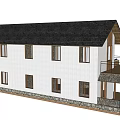 Two Story Rural Self built House Exterior With White Walls Black Roof And Stone Base