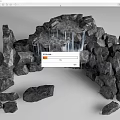 Natural Stone and Wood Rock Formation with Cascading Waterfall and Flowing Water Elements