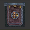 Dark Fantasy Stone Gate Scene Component With Arched Top Skull Decoration Wooden Door And Torches