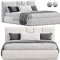 Double Bed With Upholstered Headboard Gray White Bedding Pillows And Throw Blanket 3d model