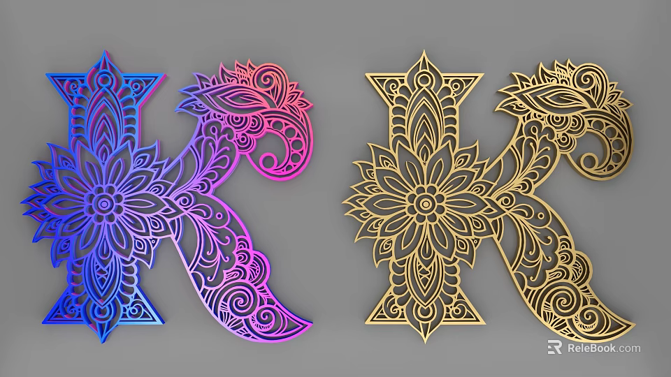 3D Decorative Letter K With Ornate Mandala Patterns Blue Purple And Gold 3d model 