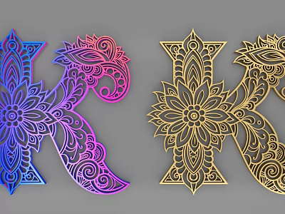 3D Decorative Letter K With Ornate Mandala Patterns Blue Purple And Gold 3d model