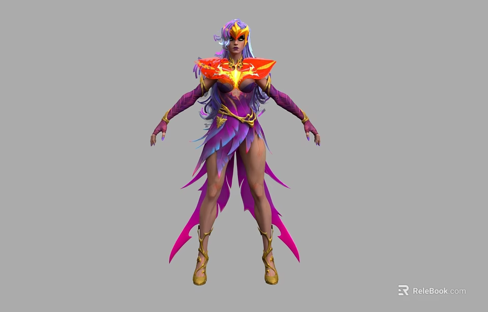 Fantasy Woman in Purple Pink Feathered Outfit With Golden Headdress And Ornate Details 3d model 