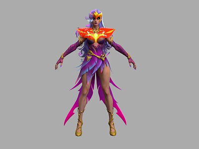 Fantasy Woman in Purple Pink Feathered Outfit With Golden Headdress And Ornate Details 3d model
