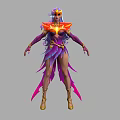 Fantasy Woman in Purple Pink Feathered Outfit With Golden Headdress And Ornate Details
