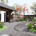 Japanese Style Garden Courtyard with Wooden Buildings Stone Lanterns Small Bridge Pebble Path and Pine Trees