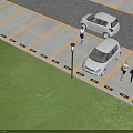 Parking Lot With Parked White Cars Yellow Parking Lines Street Lamp And People Walking