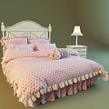 Cozy Double Bed With Pink Polka Dot Bedspread Pillows Ruffled Edges Wooden Nightstand And Lamp