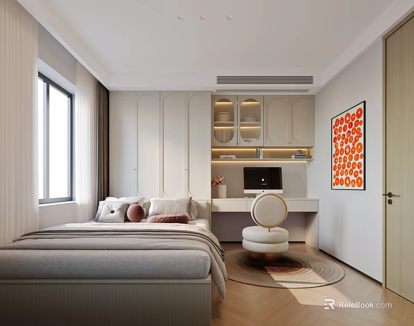 Cozy Tatami Bedroom Interior Design With Platform Bed Storage Cabinets Desk And Decorative Painting 3d model 