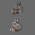 Modern Dining Table Set With Chairs Hanging Lamp Cactus Wall Art And Clock 3d model