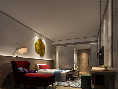 Cozy Hotel Room Interior With Red Armchair Yellow Decorative Painting And Red White Pillows 3d model
