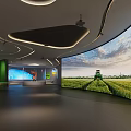 Modern Exhibition Hall Interior With Curved Screen Showing Green Field And Harvester