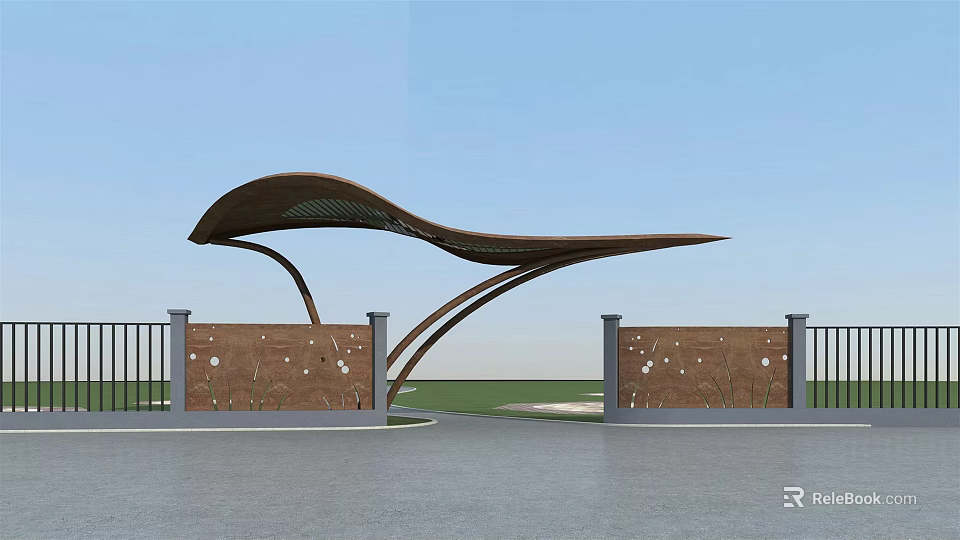 Modern Entrance Gate With Curved Metal Structure Stone Walls And Railings 3d model 