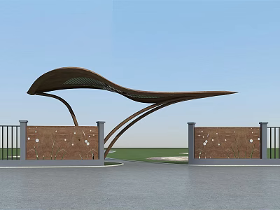Modern Entrance Gate With Curved Metal Structure Stone Walls And Railings 3d model