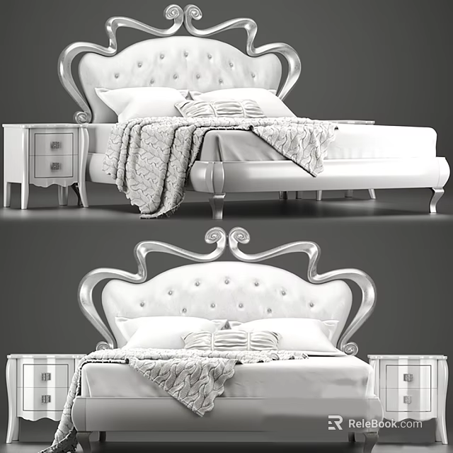 Luxurious White Double Bed With Tufted Headboard Matching Nightstands Decorative Pillows And Blanket 3d model 