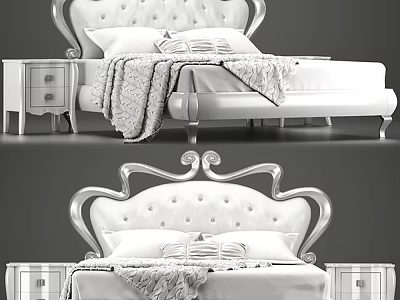 Luxurious White Double Bed With Tufted Headboard Matching Nightstands Decorative Pillows And Blanket 3d model