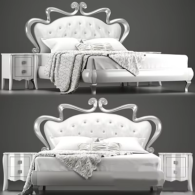 Luxurious White Double Bed With Tufted Headboard Matching Nightstands Decorative Pillows And Blanket 3d model