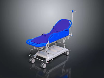 Medical Stretcher Bed With Blue Mattress IV Pole And Mobile Wheels 3d model