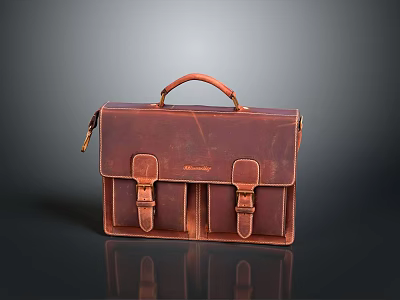 Practical Brown Leather Briefcase With Handle And Buckles For Daily Life 3d model