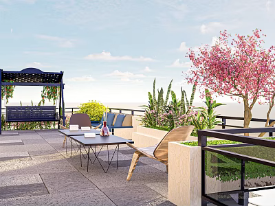 Rooftop Garden Outdoor Living Space With Pink Flowering Tree Blue Pergola And Patio Furniture 3d model