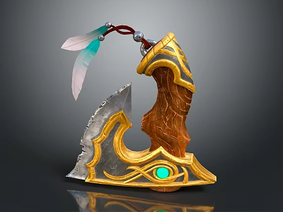Fantasy Weapon With Silver Blade And Golden Decoration Wooden Handle Green Gem Eye Feather Ornament 3d model