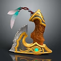 Fantasy Weapon With Silver Blade And Golden Decoration Wooden Handle Green Gem Eye Feather Ornament