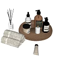 Daily Washing Essentials With Wicker Tray Skincare Bottles Towels Candle And Fragrance Sticks