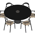 Round Black Dining Table Set With Six Curved Backrest Chairs And Light Seats 3d model